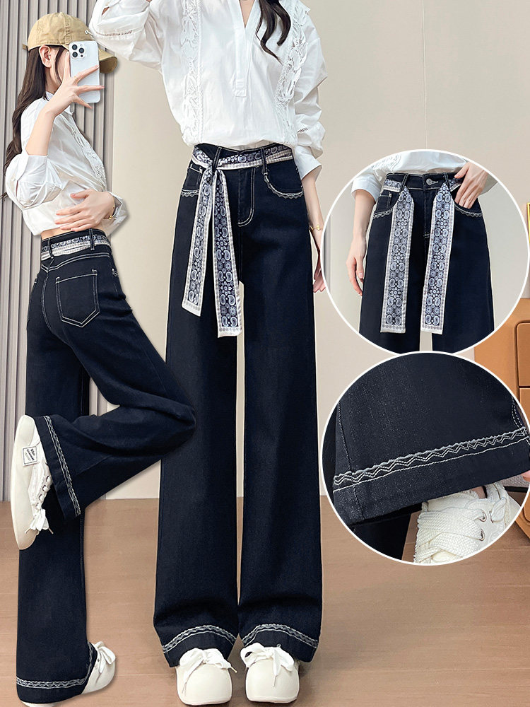 Pear-shaped wide-leg jeans for women 2025 winter, fleece lined and thickened, double-sided embroidery, elastic, loose, straight, flared pants