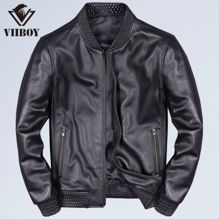 时尚棒球服进皮衣男口牛皮机车服刺绣休闲外套棒球领流行真皮夹克