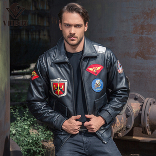 A2真皮飞行员皮衣男青年多标刺绣毛领飞行服进口头层牛皮机车夹克