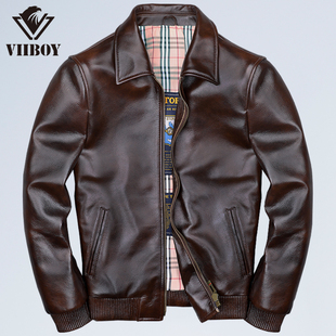 机车服皮外套潮 潮流复古休闲皮夹克简约短款 时尚 油蜡翻领皮衣男士