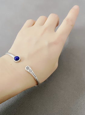 925纯银做旧小鱼花纹青金石手镯