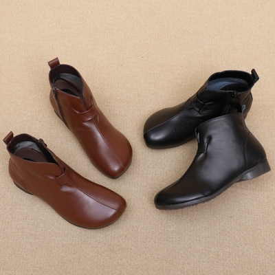 真皮短靴女平底软底舒适妈妈棉鞋