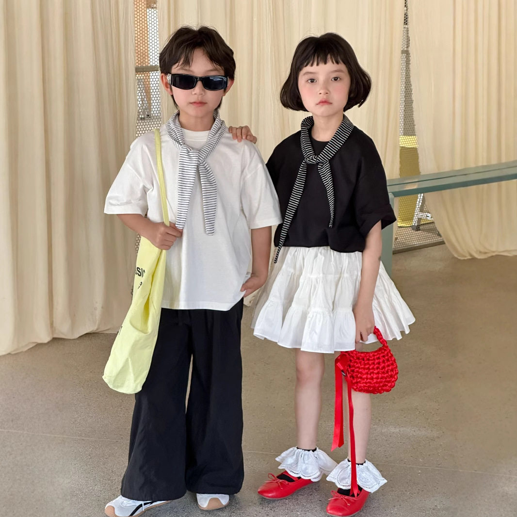 25夏季新款儿童韩版百搭纯色短袖男女童条纹领带圆领T恤领带可拆