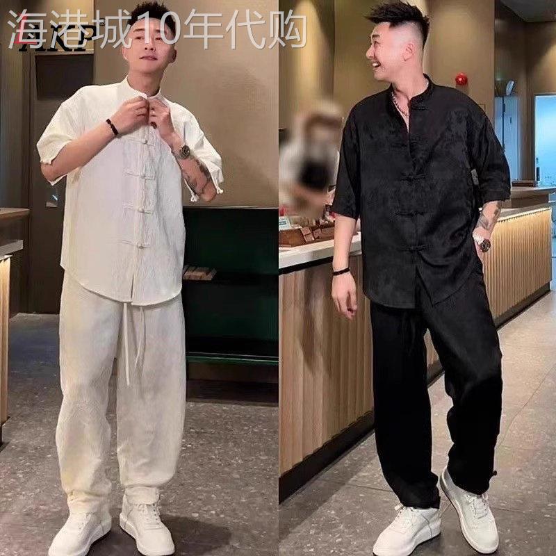 新中式男装提花衬衫套装男士2026新款夏季五分袖国风唐装男款一套图片