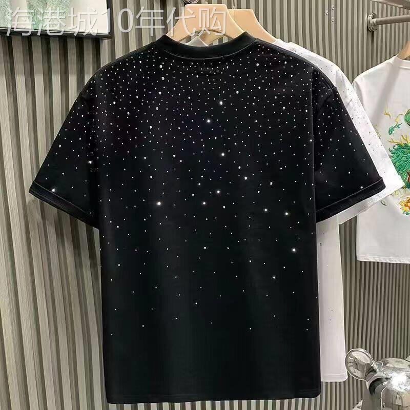 高端烫钻满天星短袖T恤男士夏季2025年新款潮牌黑色T恤男款上衣
