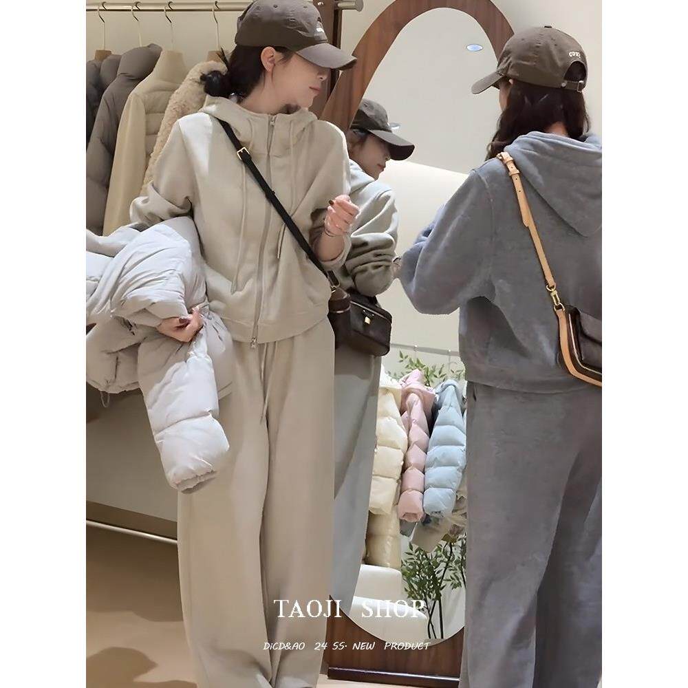 香港韩系连帽加绒卫衣松紧腰直筒裤休闲两件套装女2025秋冬一整套