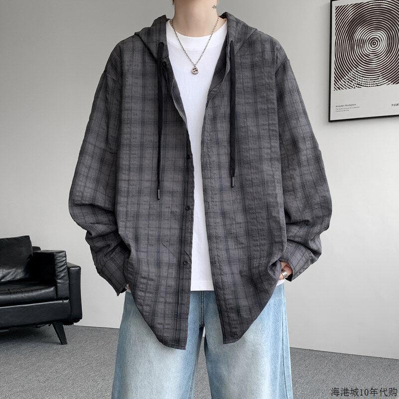 潮牌连帽防晒衬衫男开衫外搭衬衣夏季轻薄外套宽松慵懒风休闲上衣