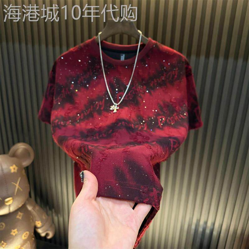 满天星烫钻破洞短袖t恤男士2026新款潮牌痞帅休闲百搭宽松上衣服