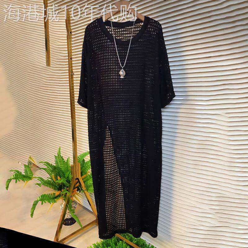 香港大码性感镂空冰丝针织长款罩衫设计感宽松开叉连衣裙女ins夏