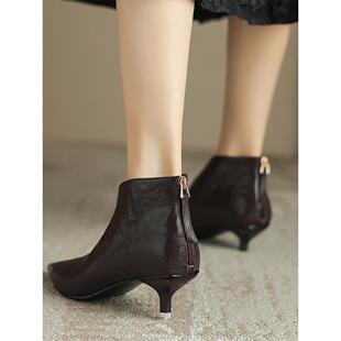 A.D Hepburn~时髦气质猫跟及裸靴女细跟高跟鞋尖头真皮时装靴短靴