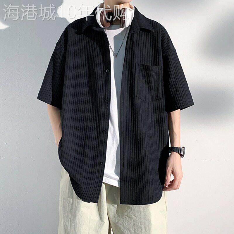 冰丝垂感短袖衬衫男潮牌夏季薄款高级感宽松大尺码五分袖男休闲衬