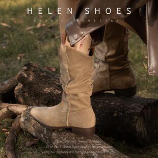 MAROLIO 今年巨流行~ 美拉德褶皱堆堆短靴女尖头中筒靴棕色牛仔靴