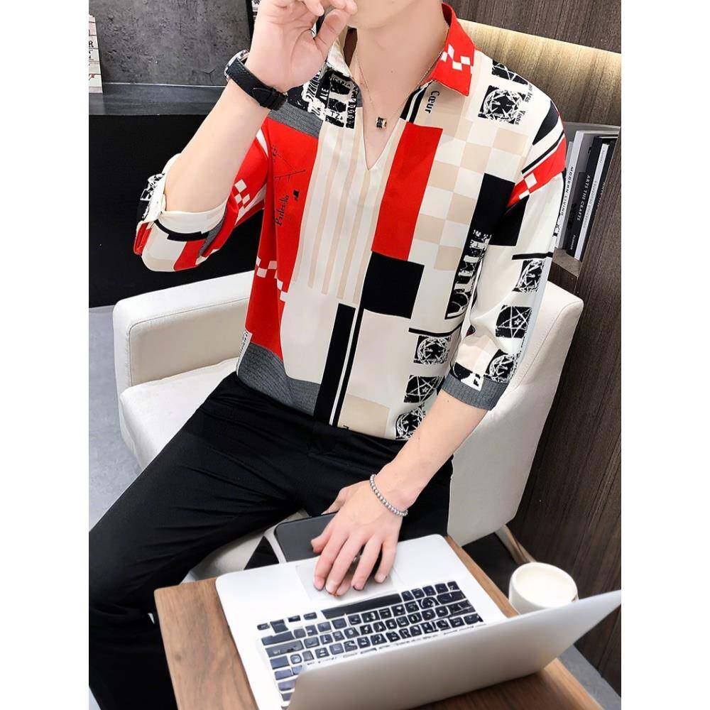 潮牌花衬衫男短袖夏季新款韩版薄款宽松七分袖上衣高级感休闲衬衣