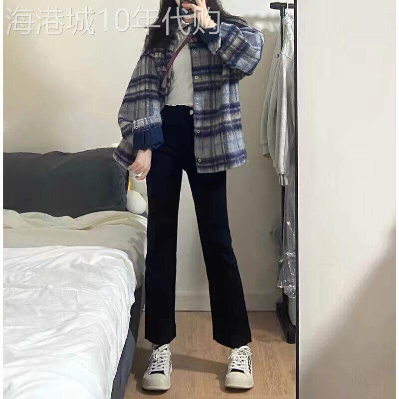 黑色加绒加厚烟管牛仔裤女冬季新款四面弹小个子八九分法棍直筒裤