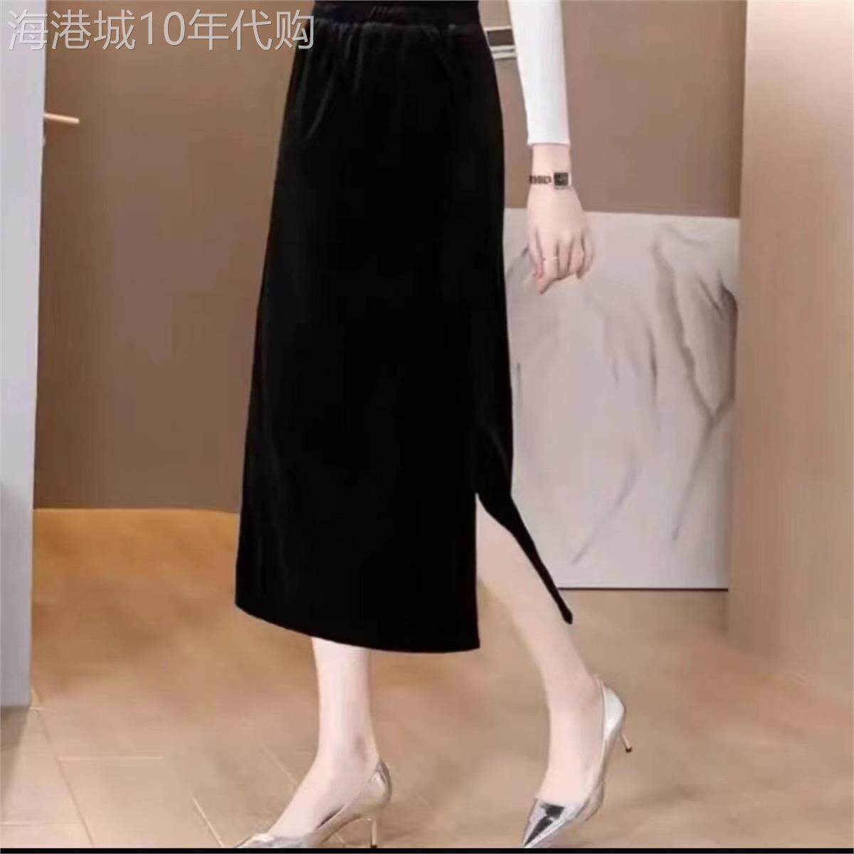 黑色金丝绒半身裙女秋季新款高腰中长款包臀裙开叉休闲百搭直筒裙