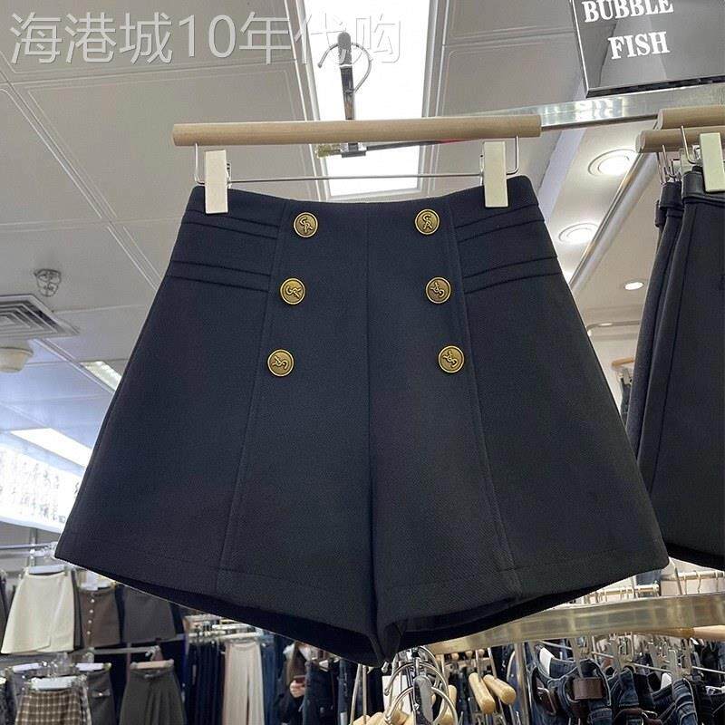 黑色高腰西装毛呢短裤女春秋欧货百搭双排扣A字配靴子呢子阔腿裤