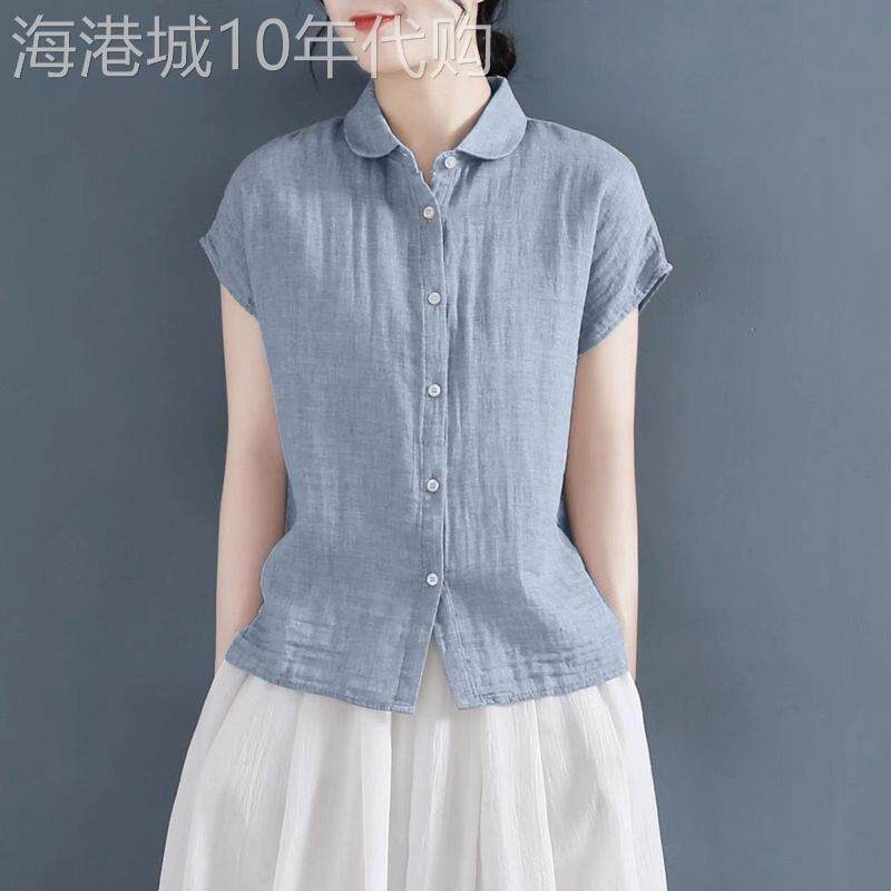 文艺休闲棉麻短袖衬衫女夏季2025年新款百搭苎麻上衣洋派修身衬衫