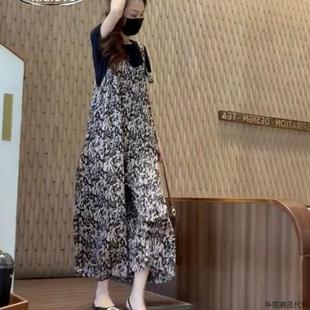 新款 纯棉T恤套装 香港2024夏季 背带阔腿裤 两件套 女欧货短袖 连体裤