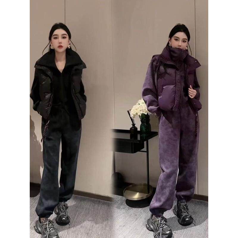 香港2025冬季新款韩版加绒加厚运动休闲套装女棉卫衣束脚裤三件套