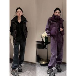 香港2025冬季新款韩版加绒加厚运动休闲套装女棉卫衣束脚裤三件套