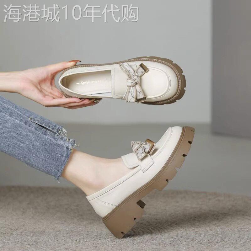 真皮粗跟乐福鞋女 2025新款松糕厚底蝴蝶结英伦风小皮鞋