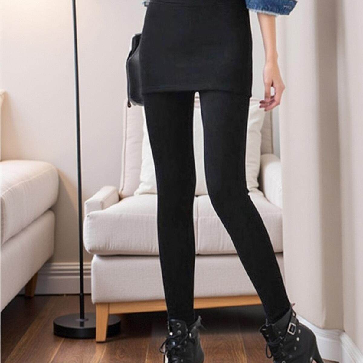 韩版秋冬款假两件加绒加厚打底裤裙裤女裤子高腰包臀踩脚平口长裤