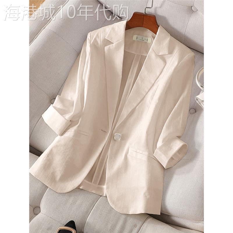 egmg小西装外套女夏季薄款七分袖亚麻休闲修身气质小个子西服上衣