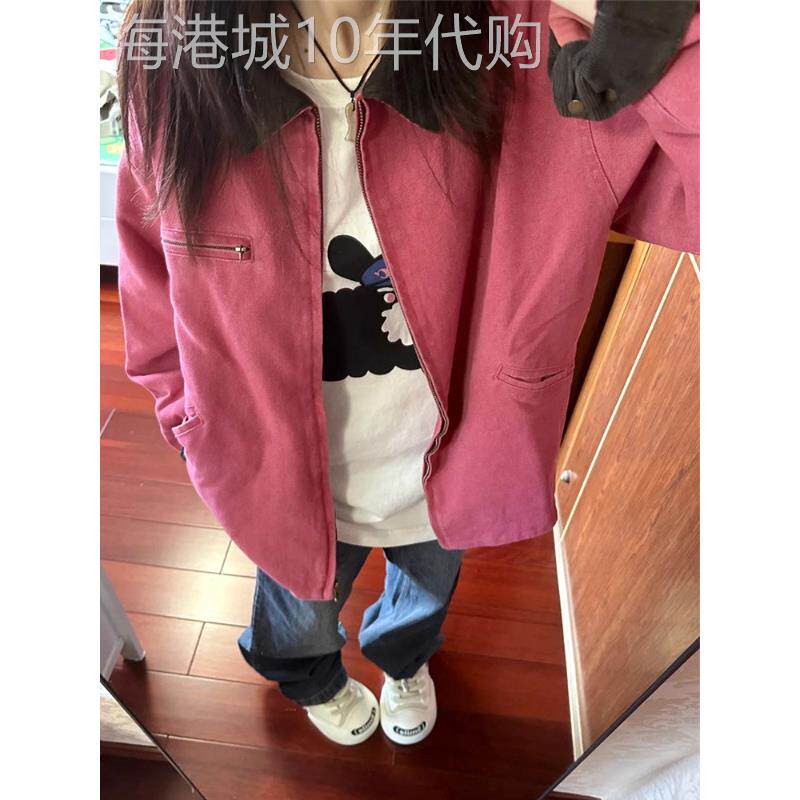 美式覆古粉红色工装夹克外套女士秋季2025新款小个子薄款宽松上衣