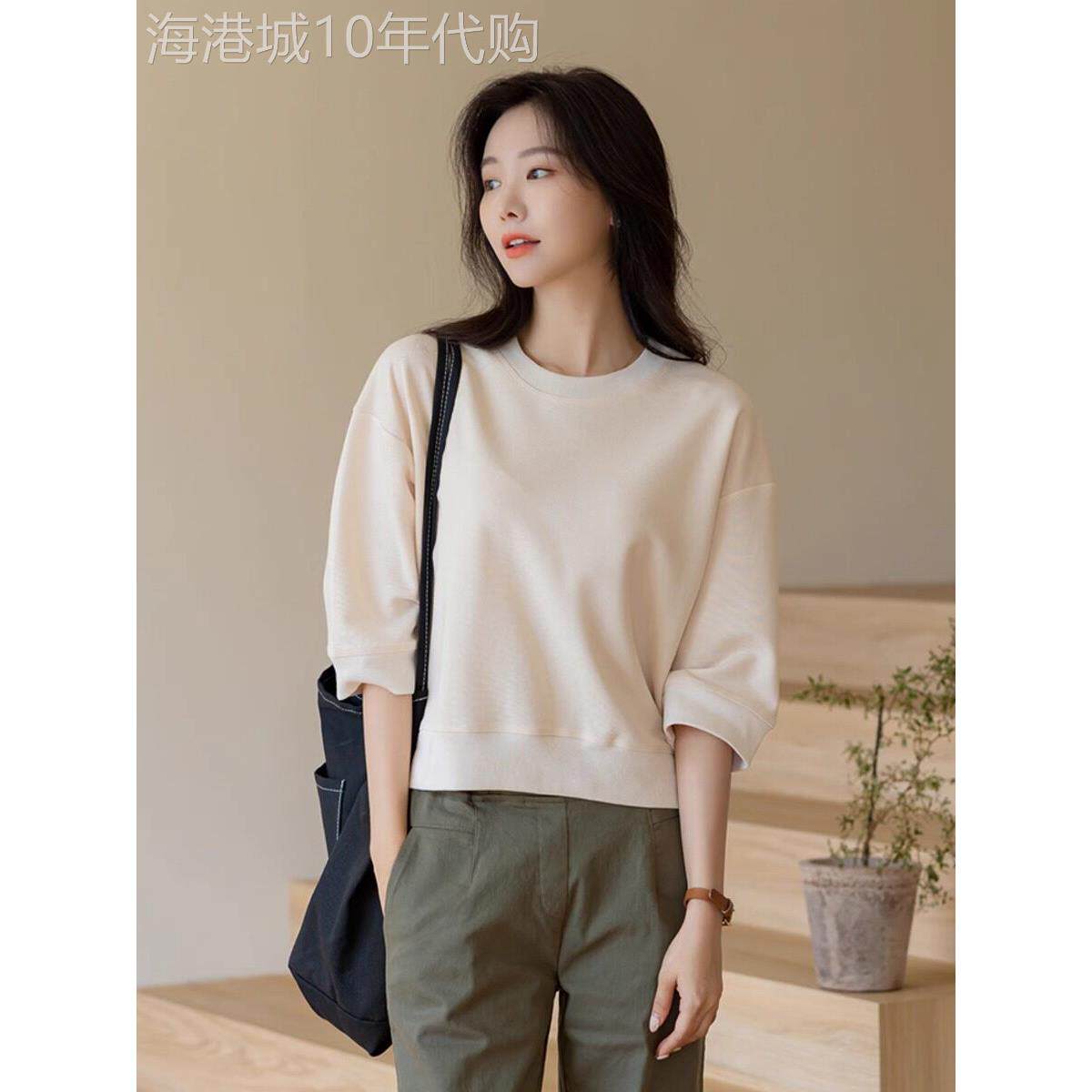 奶白色七分长袖t恤女2025秋春穿搭显瘦洋气减龄休闲中袖卫衣上衣