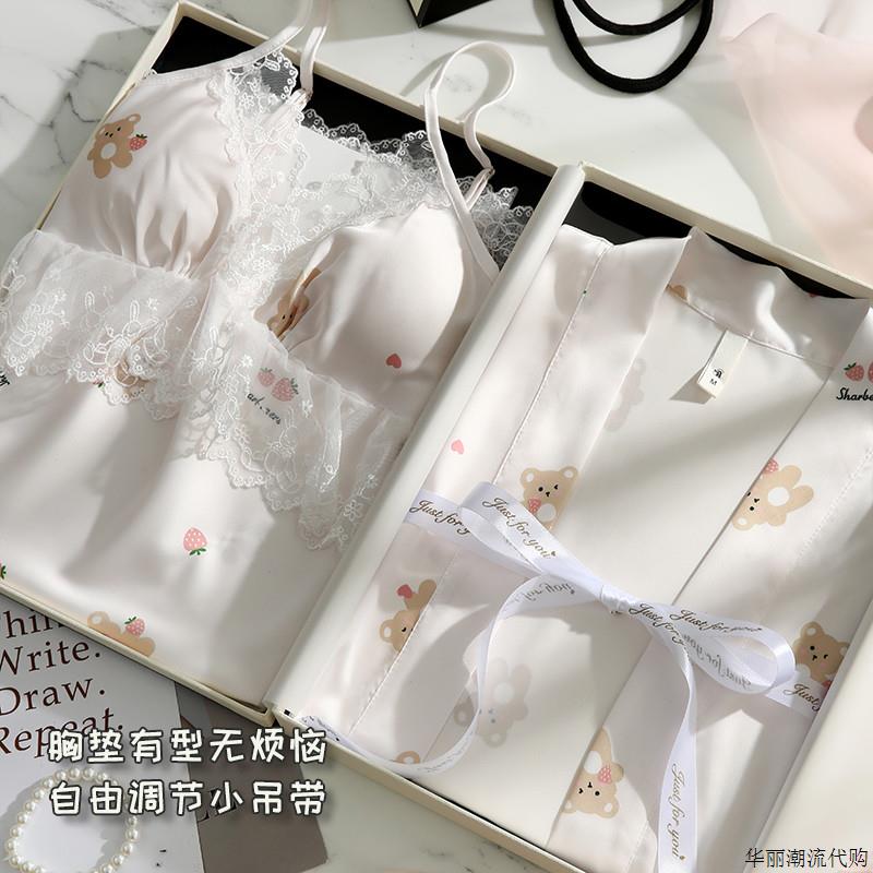 送闺蜜礼物睡衣女春夏季真丝薄款性感带胸垫吊带睡裙睡袍套装礼盒