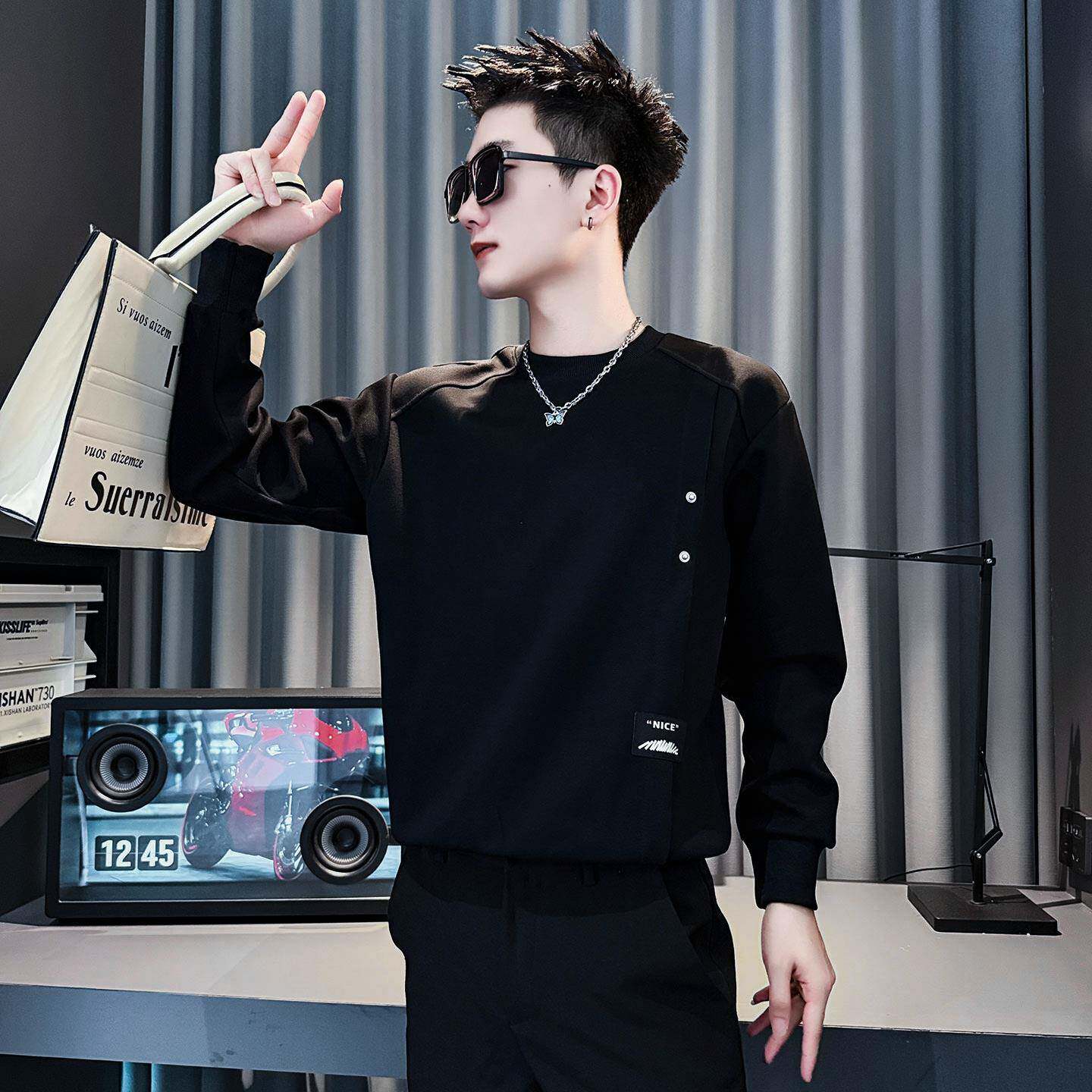 潮流痞帅男士圆领卫衣潮牌设计感黑色长袖T恤秋季新款休闲打底衫