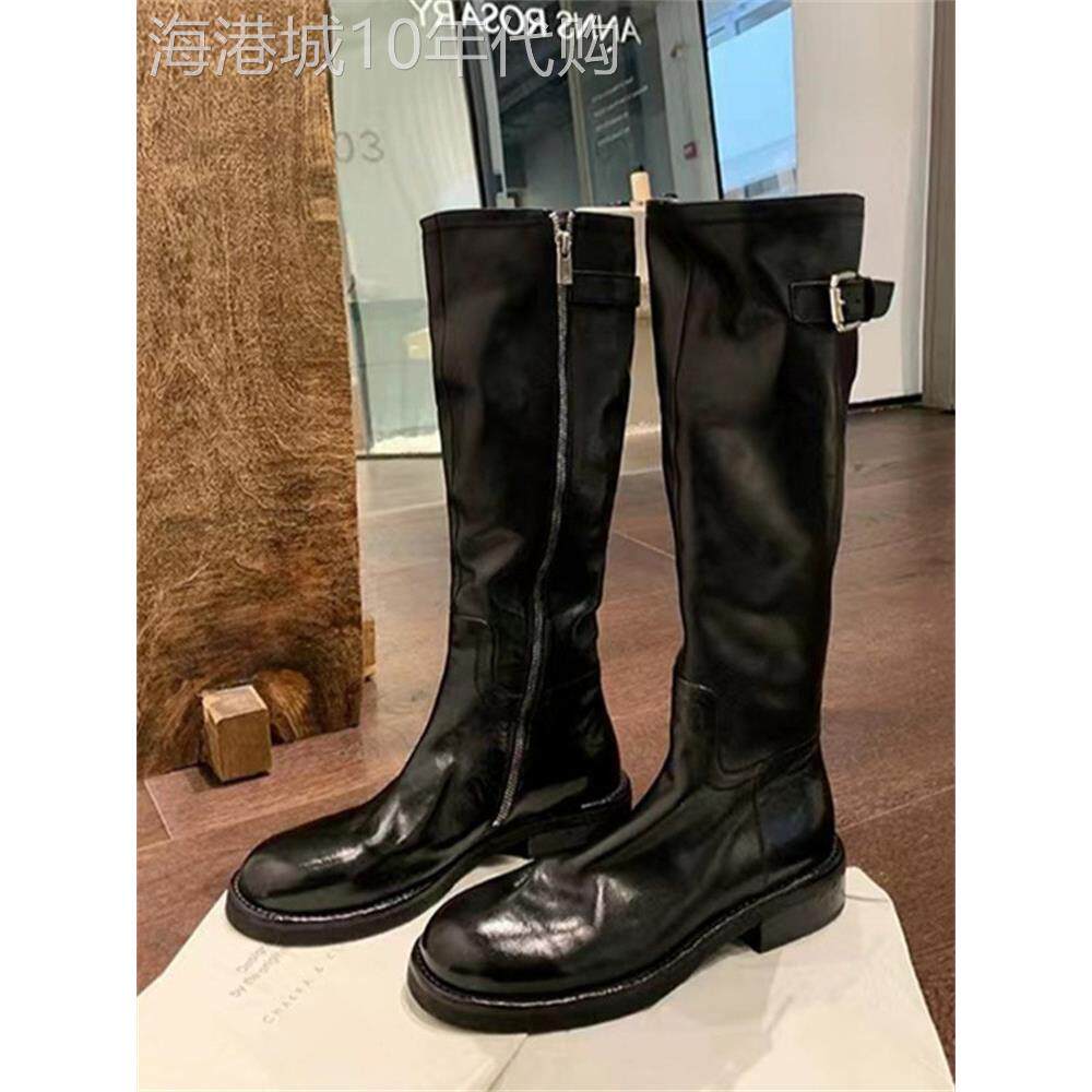 香港覆古厚底中高筒骑士靴女2025春秋新款圆头皮带扣不过膝长靴子