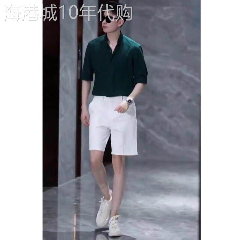 高端纯色商务休闲套装男士2026新款夏季五分短裤衬衫搭配一套男装