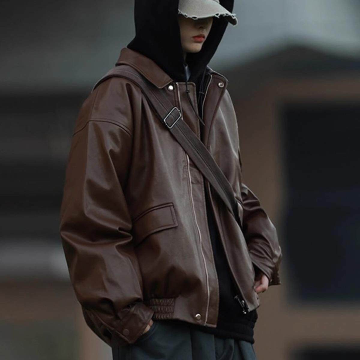皮衣外套男春秋季2025新款潮牌棕色薄款痞帅机车休闲宽松真皮夹克