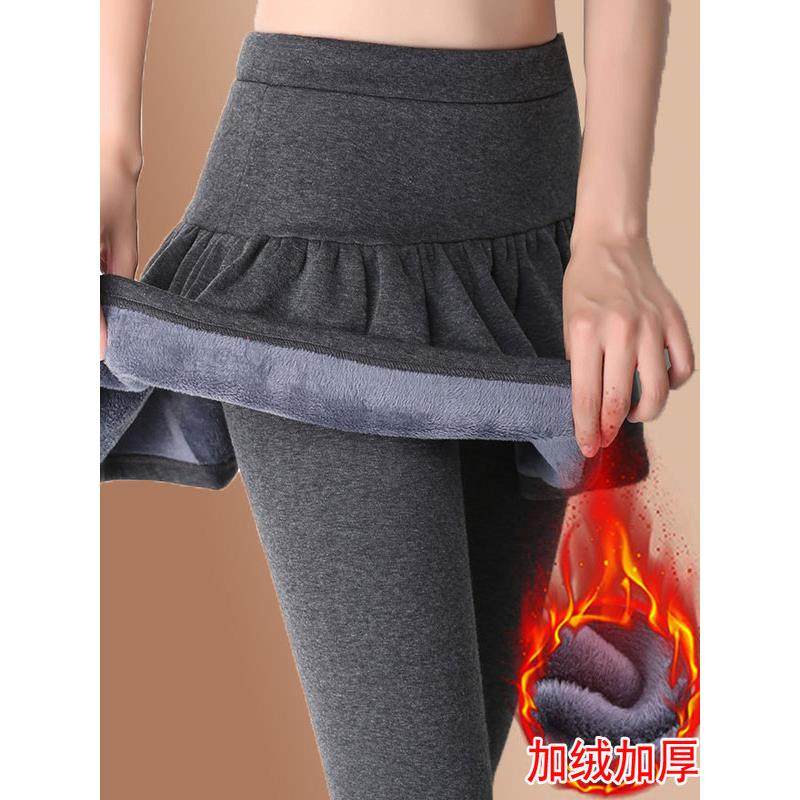 韩版秋冬假两件加绒加厚带裙子一体打底裤女外穿高腰显瘦保暖裙裤