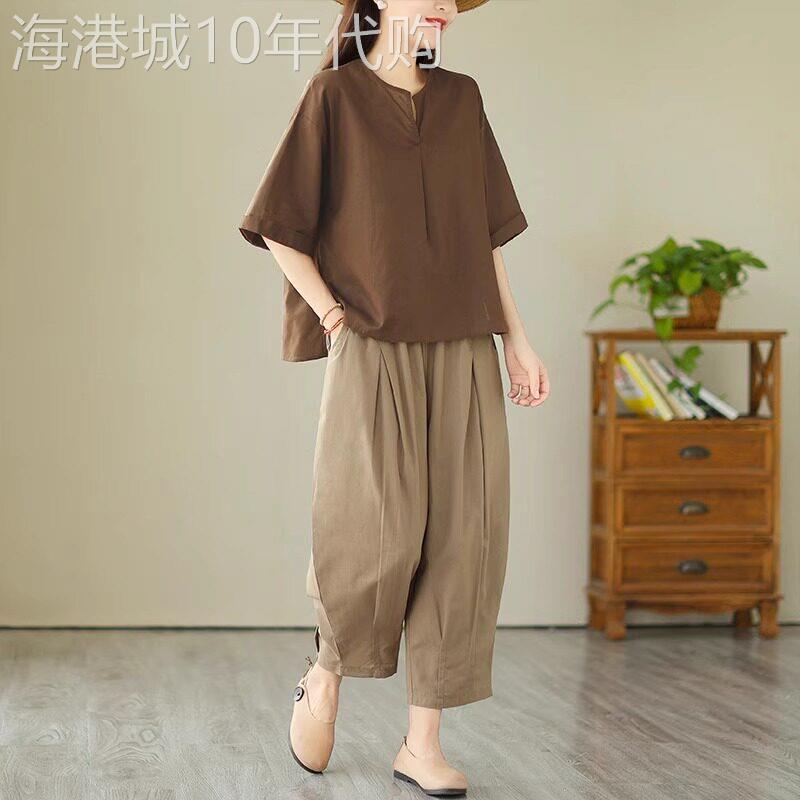 潮牌休闲棉麻套装女2026夏新款洋派妈妈复古宽松大尺码灯笼裤两件