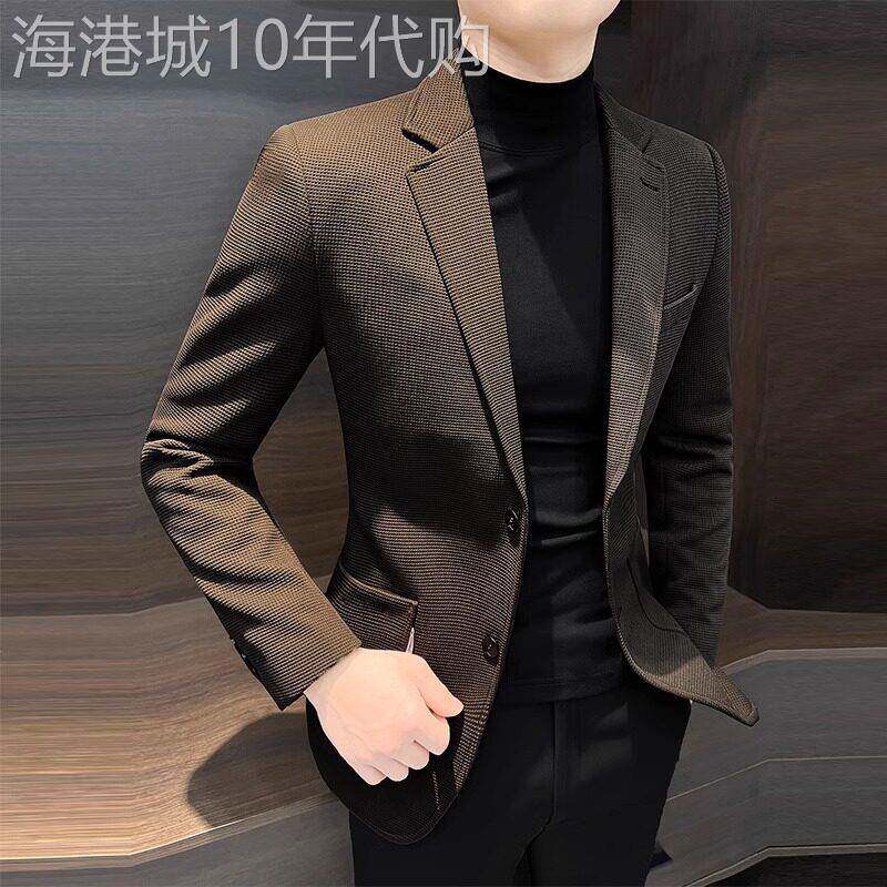 轻奢华夫格西服男士春秋新款时尚纯色小西装韩版潮流痞帅百搭单西