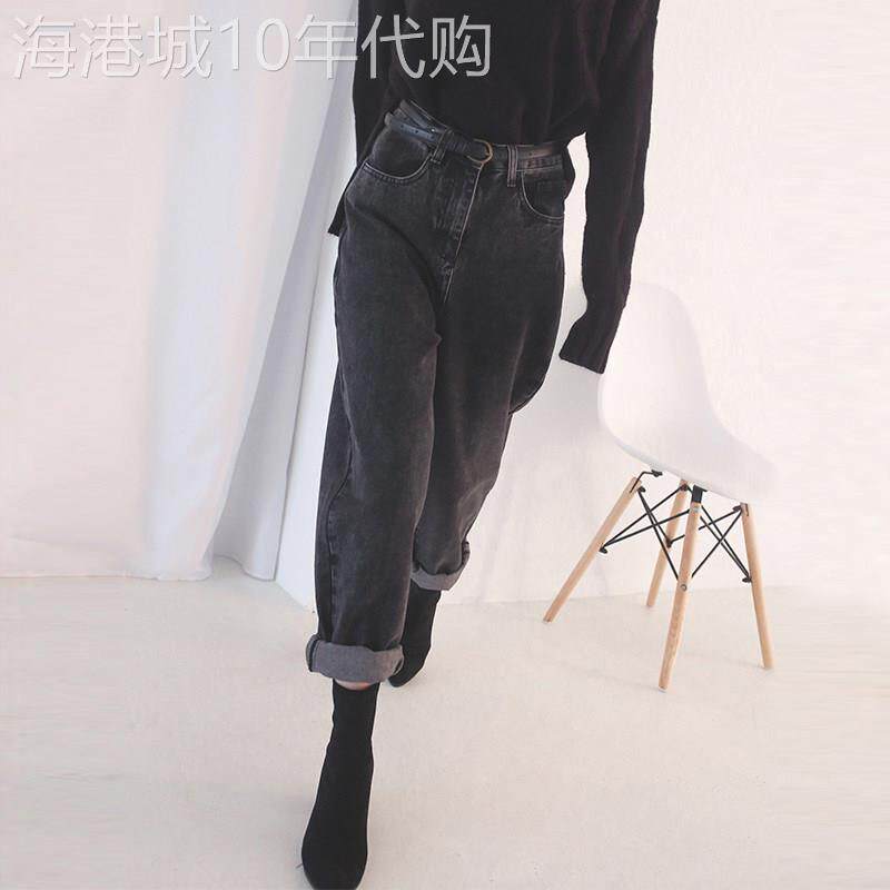 烟灰色牛仔裤女春季新款覆古高腰宽松加绒加厚哈伦老爹罗卜裤长裤