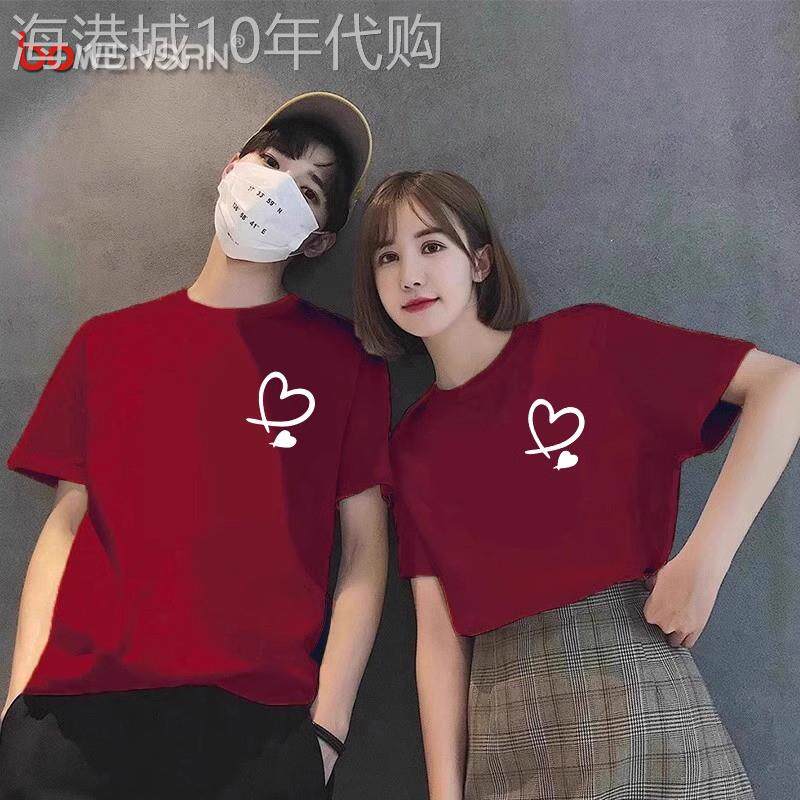 高级感情侣装短袖t恤男女款2026新款本命年酒红色纯棉打底衫男士