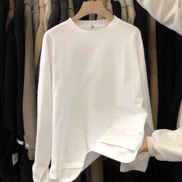 韩版春秋百搭纯棉白色长袖t恤女宽松开叉西服卫衣内搭打底衫上衣