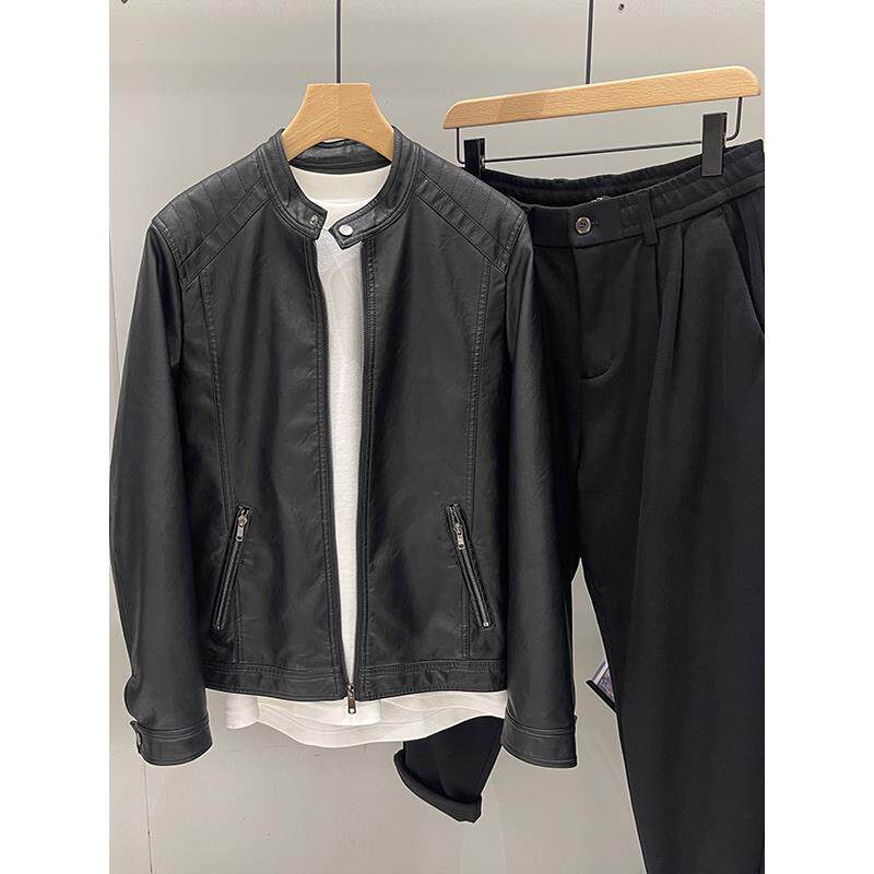 潮牌棕色立领机车皮衣外套男春秋韩版潮流修身简约百搭短款皮夹克