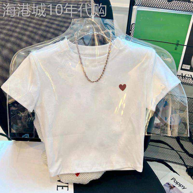 韩国纯色正肩短款短袖T恤女爱心印花减龄小个子上衣纯棉修身显瘦.
