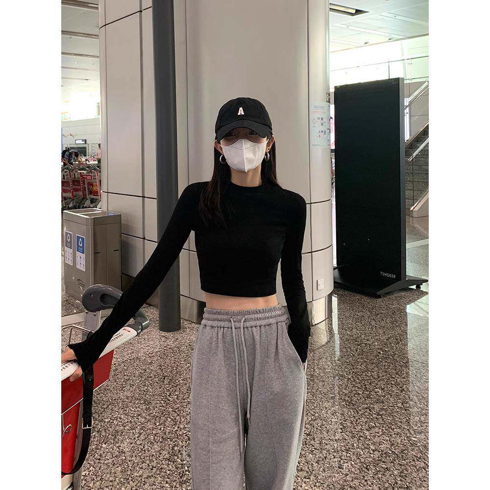 2024早秋新款长袖T恤女高腰短款露肚脐修身圆领小个子内搭打底衫