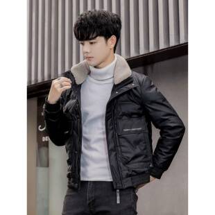 羊羔毛立领羽绒服男士短款2025冬季新款潮流帅气加厚保暖皮衣外套