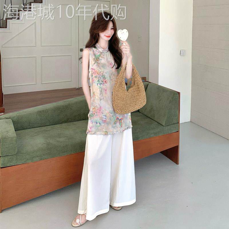 新中式巨好看的夏天套装女2026新款彩色印花无袖旗袍阔腿裤两件套