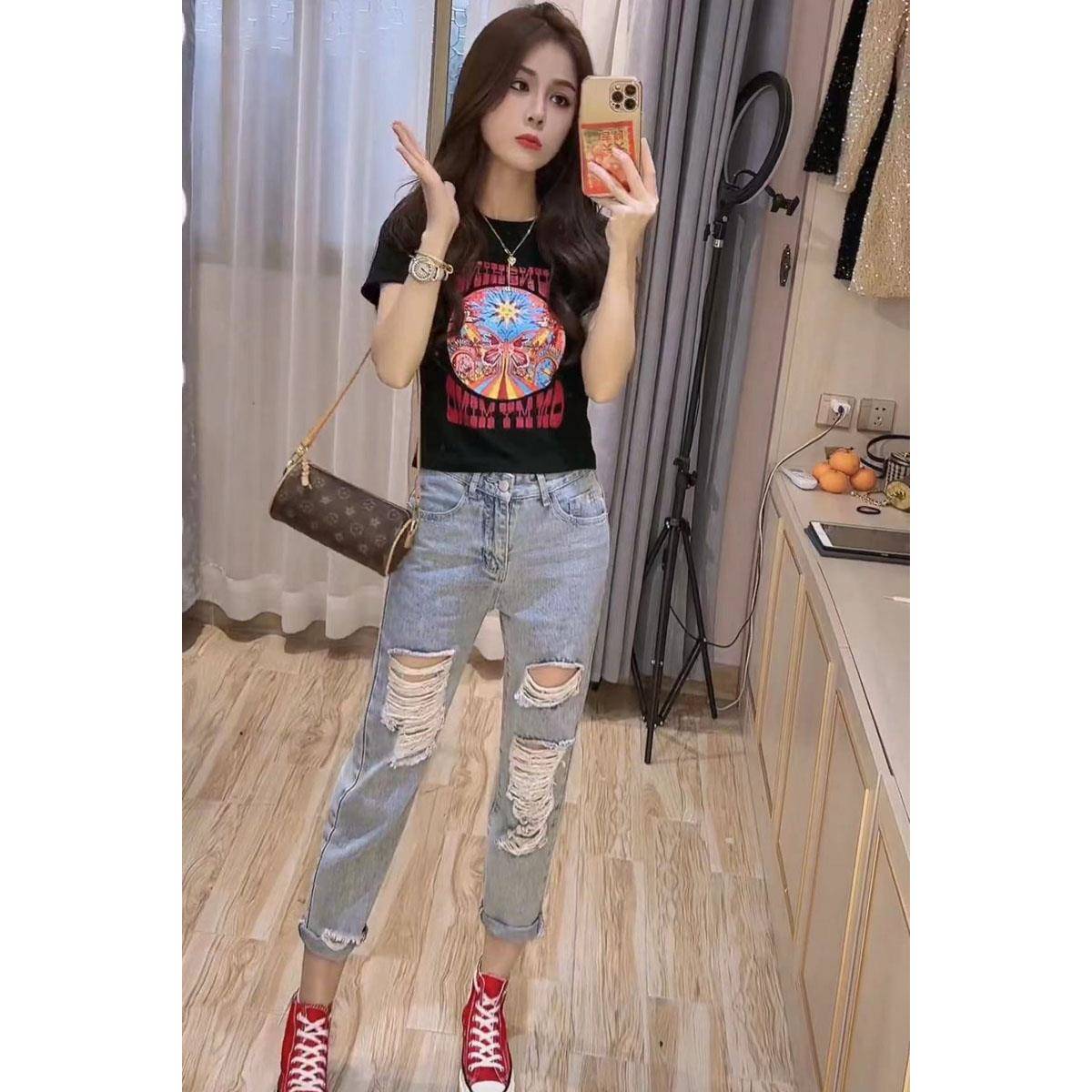 专柜乞丐破洞九分牛仔裤女时尚超火网红同款高腰显瘦直筒小脚裤潮