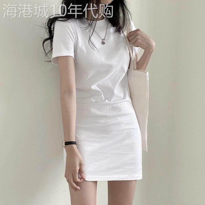 潮牌圆领短袖t恤连衣裙女2026夏季新款修身显瘦中长款百搭打底裙