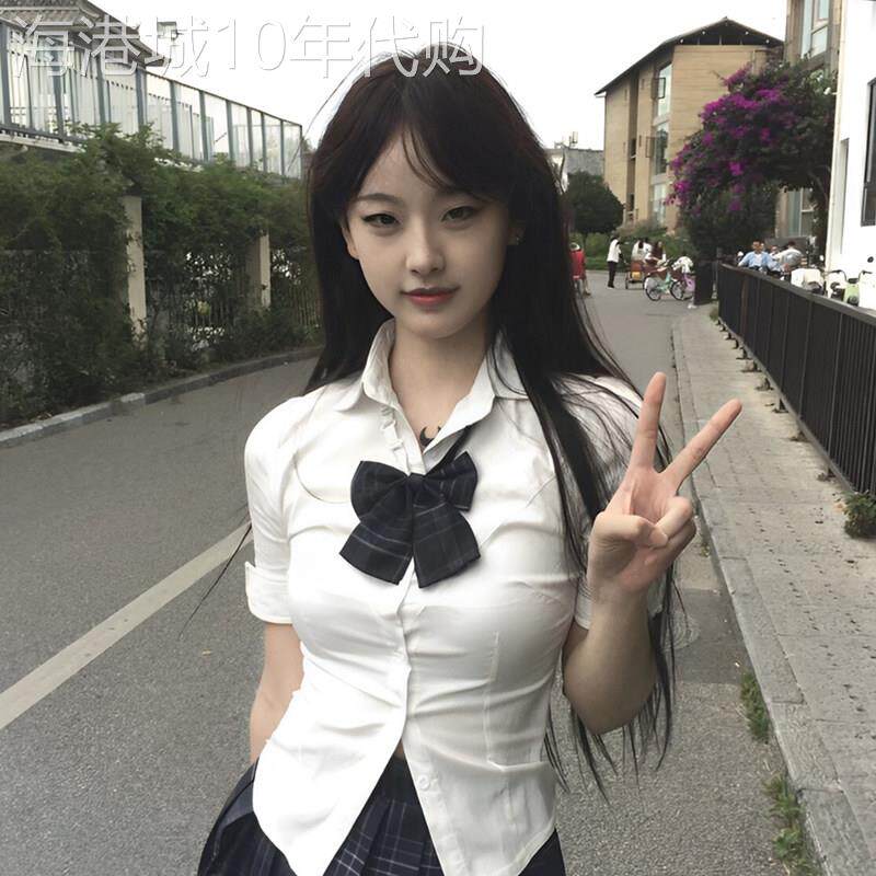 夏季jk制服收腰紧身白色衬衫女短袖辣妹学院风衬衣短格裙套装秋