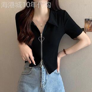 正肩t恤大码女装夏款短袖法式胖mm遮肚显瘦别致针织冰丝拉链上衣