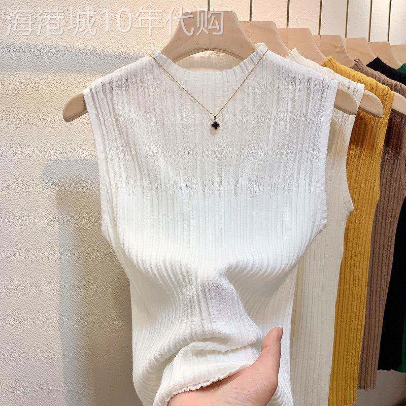 无袖套头针织打底衫女春秋季新款欧货紫色镂空款修身内搭背心上衣